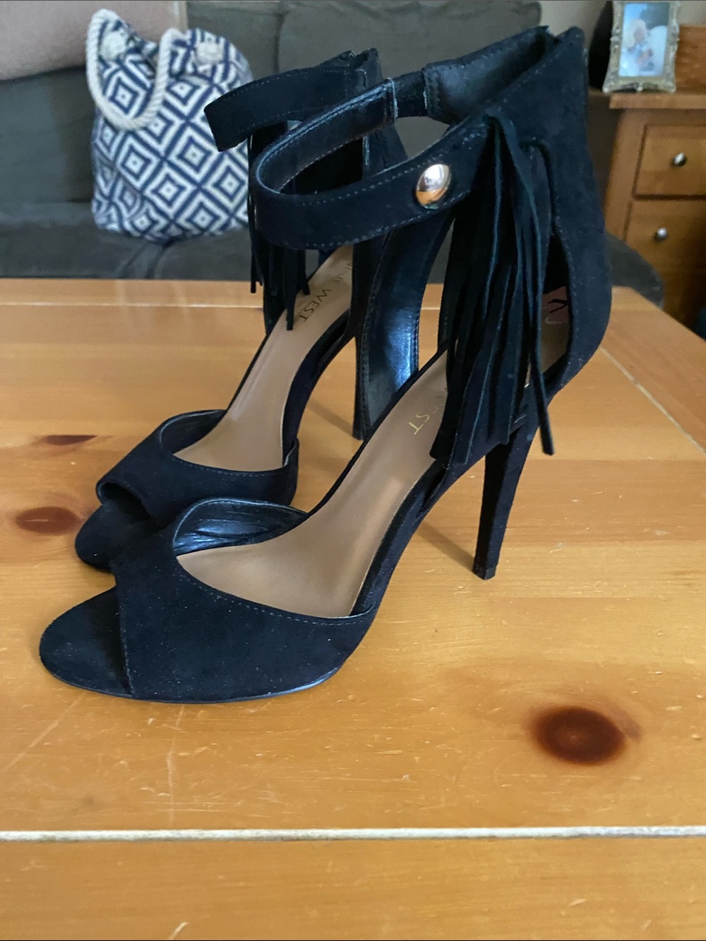 Nine West Black Suede Fringe Ankle-Strap Stiletto Heels